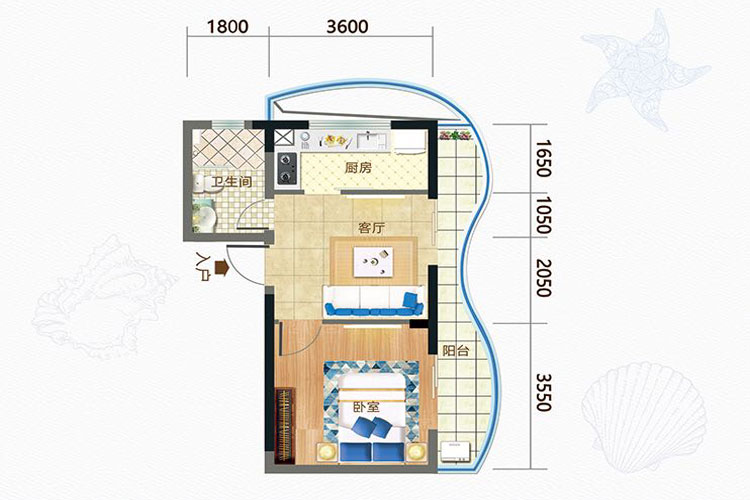 波溪丽亚湾50平一房一厅户型图