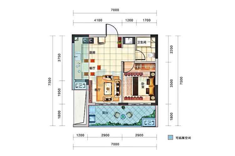 B1户型-1室2厅1卫1厨-建面约51.96-81.3㎡