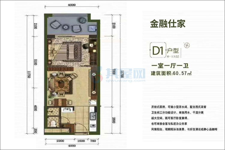 D1户型建面约60.57平米-一室一厅