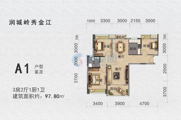 A1户型-建面97.80㎡-三房两厅一厨一卫